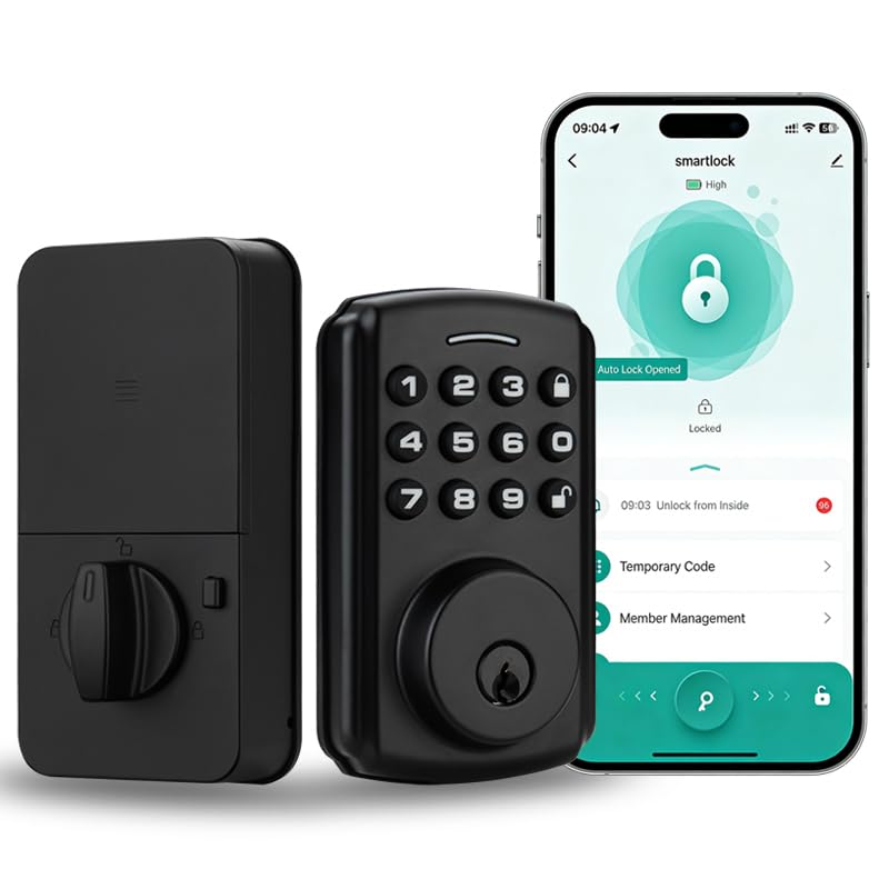 Security Lock Deadbolt, Black Suede Keyed Smart Entry Door Lock with Bluetooth Connected Keypad for Code Entry and Remote Access, DS04-TUYA