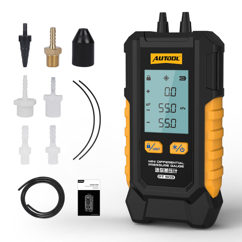 AUTOOL PT503 Mini Differential Pressure Gauge, Manometer Gas Pressure Tester with Dual Port Manometer, HVAC Gas & Air Pressure Tester, -101 to 200 kPa Range,6 Units, Digital Manometer with Data Lock