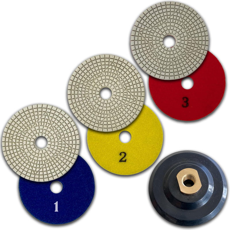 4-Inch 3-Step Diamond Polishing Pads with Rubber Backer for Granite, Quartz, Marble & Stone Surfaces, 4PCS Set 3-Step + Rubber Backer