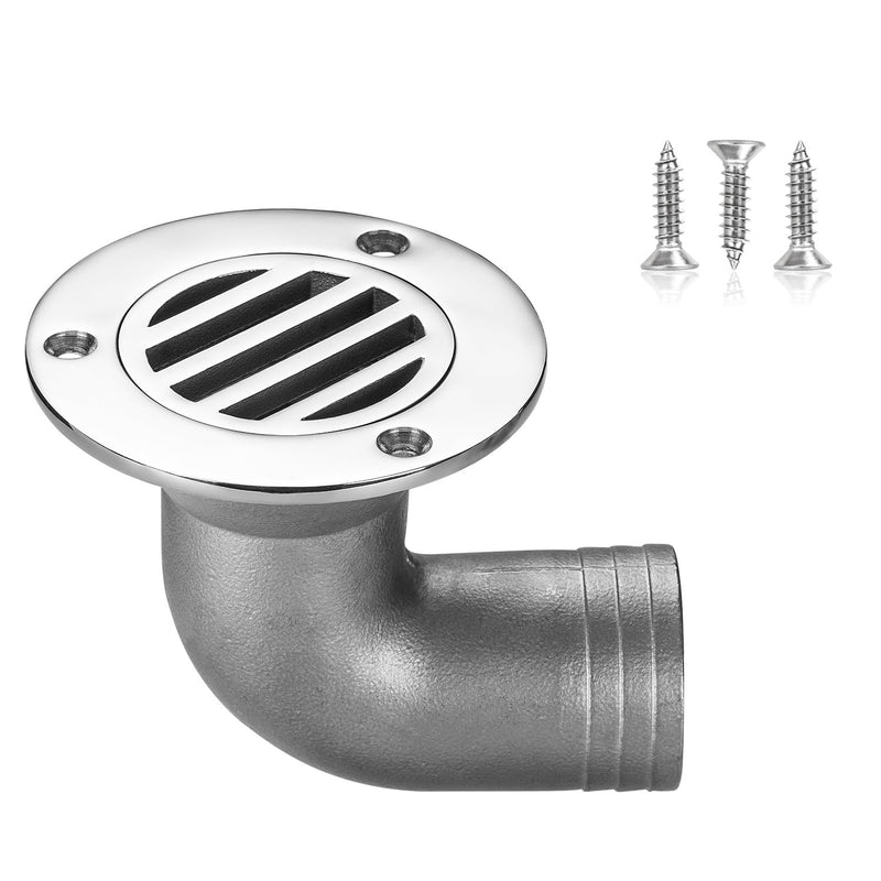Boat Deck Floor Drain, 90-Degree Boat Deck Drain with Elbow Outlet, Flush-Mount, Heavy-Duty 316 Stainless Steel, with Screws 1-1/2 inch
