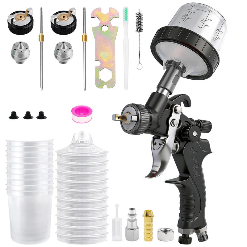Mini HVLP Spray Gun with 0.8/1.0 mm Nozzles and 10x 200ML Disposable Paint Cups, Automotive Paint Gun Touch UP Paint Sprayer Gun, Air Paints Gun for Auto Paint, Primer, Repair Detail Black2