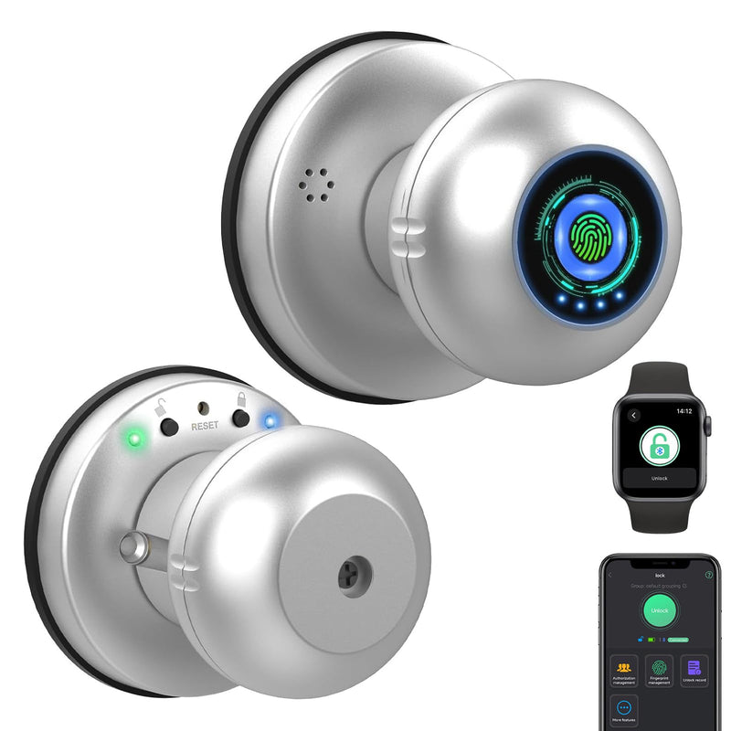 eLinkSmart Fingerprint Door Lock Smart Ball Door Knob with Key Keyless Entry Door Lock for Bedroom Apartment with Privacy Mode Bluetooth App iOS Watch Control Silver