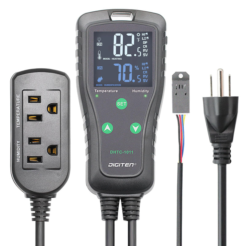 DHTC-1011 Temperature Humidity Controller, Dual Relay for Heating/Cooling & Humidify/Dehumidify, 10A 110V Plug & Play