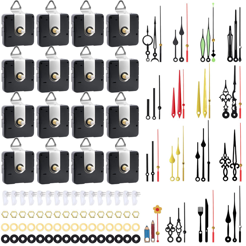16 Pack Quartz Clock Movement Mechanism Kit, Silent Sweep Non-Ticking, 20mm Total Shaft (11mm Thread) Fits 3–6mm Dials, 16 Hand Styles, Hanging Hooks & Traceless Nails, DIY Wall Clock Repair 16-pack