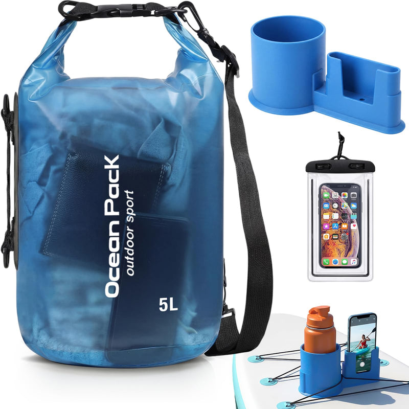 Thinkday 3 Pcs Paddle Board Accessories Include 5L Waterproof Dry Bag for Women Men 2-in-1 Paddleboard Cup Holder Waterproof Phone Case Roll Top Lightweight Storage Bag for SUP Kayak Boat (Blue) Blue