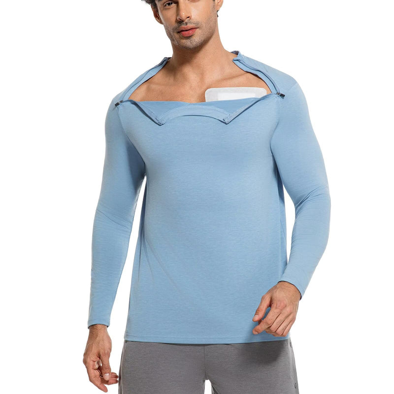Chemo Port Shirts for Men Post Shoulder Surgery Recovery Shirts Long Sleeve Dual Chest Zips Shirts Blue Small