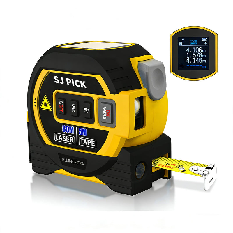 Voice Intelligent Tools Tape Measure 3-in-1 Laser Digital Measuring Tape Ruler-LCD Backlight 5M/16Ft Tape & Laser 80m/262Ft Rangefinder,Crosshairs Markings,Data Storage (Yellow, 80m/262ft) Yellow
