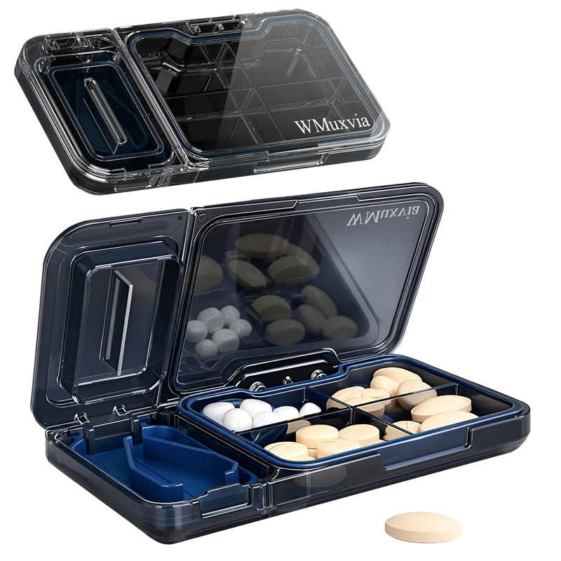 Pill Cutter with 4-Compartment Pill Organizer, 2-in-1 Portable Moisture-Proof BPA-Free Pill Box, V-Slot for All Pills, Thickened Steel Blade & Safety Guard (Gray) Gray