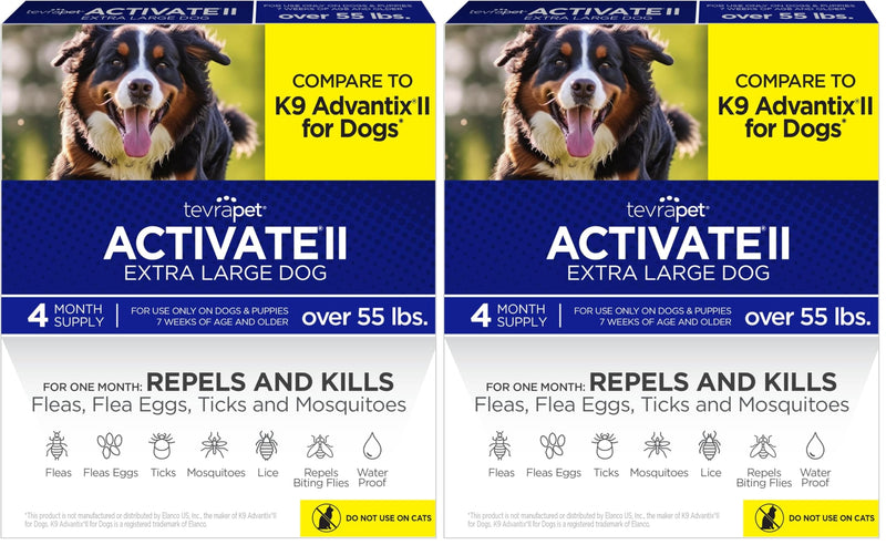 TevraPet Activate II Flea and Tick Prevention for Dogs | 4 Count | Extra Large Dogs 55+ lbs | Topical Drops | 4 Months Flea Treatment (Pack of 2) X-Large 55+ lbs (Pack of 2)