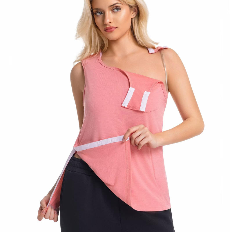 Womens Mastectomy Recovery Tank Top with Drain Pockets Post Shoulder Surgery Shirts Tear Away Shirt Sleeveless Pink Medium