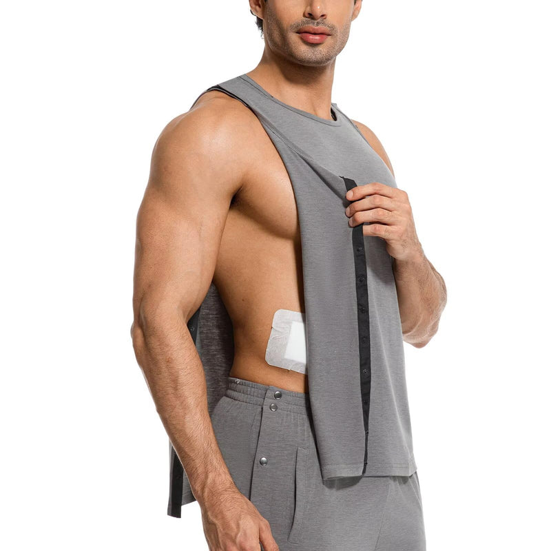 Men Post Shoulder Surgery Vest Sleeveless Tank Top Tear Away Shirt for Men Chemo Port Shirts Recovery Shirts Grey Medium