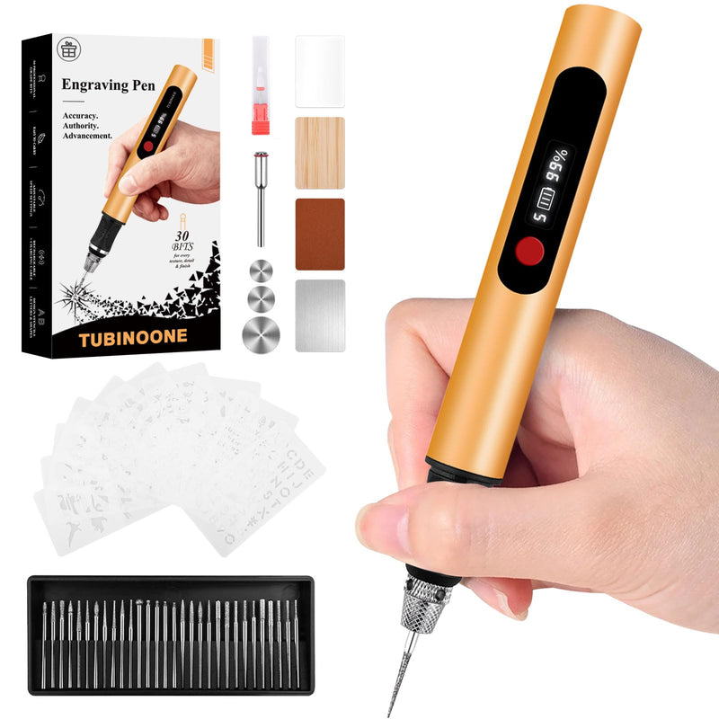 Updated Engraving Pen Ultimate Cordless Portable Tool for Artists & DIYers - Engrave 60+ Surfaces - Beginner Friendly - Rechargeable - Free 30 Bits & Mastery Guide (Gold) Gold