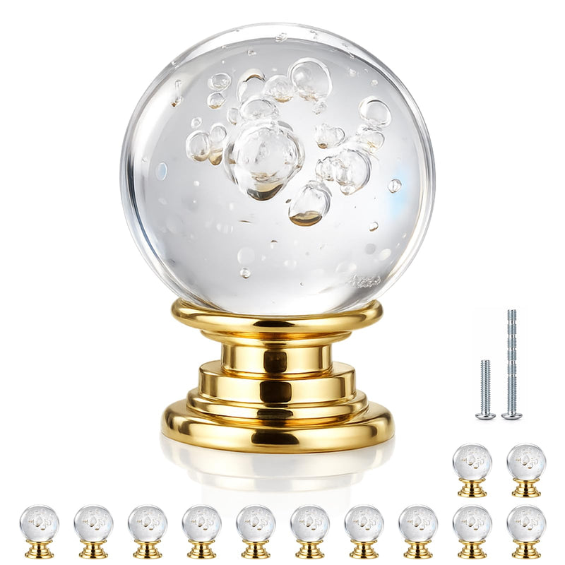 POZEAN Crystal Bubble Ball Knobs - 12PCS Decorative Cabinet Drawer Pulls, Transparent Crystal Sphere Handles with Gold Aluminum Base for DIY Furniture Upgrade, Closet, Kitchen, Desk, and Gift Use