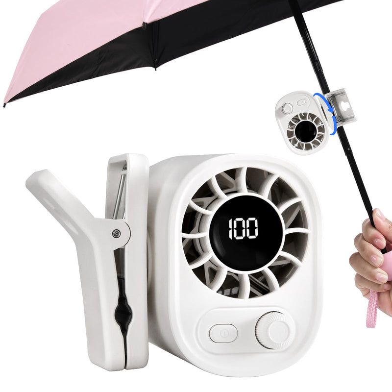 Portable Clip On Fan for Umbrella,Ultra Light 0.28 Lb,100 Wind Speed Stepless Adjustment,Personal Rechargeable Clip On Fan for Umbrella Beach Outdoor Travel Essential(White)