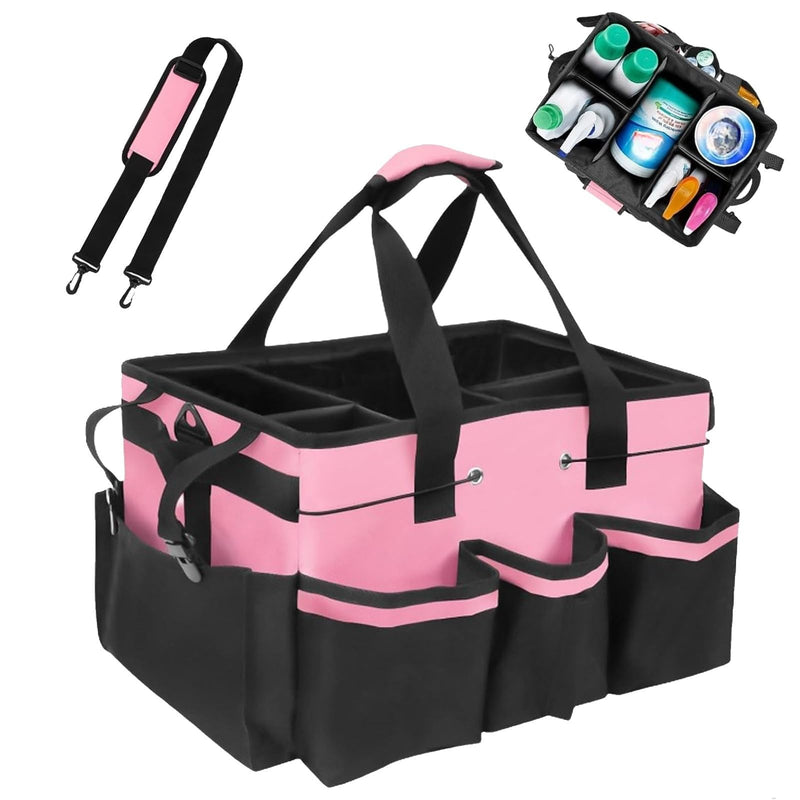 Tool Organizer Tote Bag, Pink and Black, Large Capacity with Adjustable Compartments, Portable Cleaning Storage Caddy, 14.96x10.63x9.06 Inches