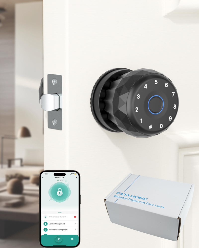 Biometric Fingerprint Door Lock, Smart Keyless Entry Knob | Fingerprint Unlock, Keypad Entry, APP Control, Auto Lock, Easy Install, Multi-User Access, Low Battery Alert, Bedroom Office Black-Diamond