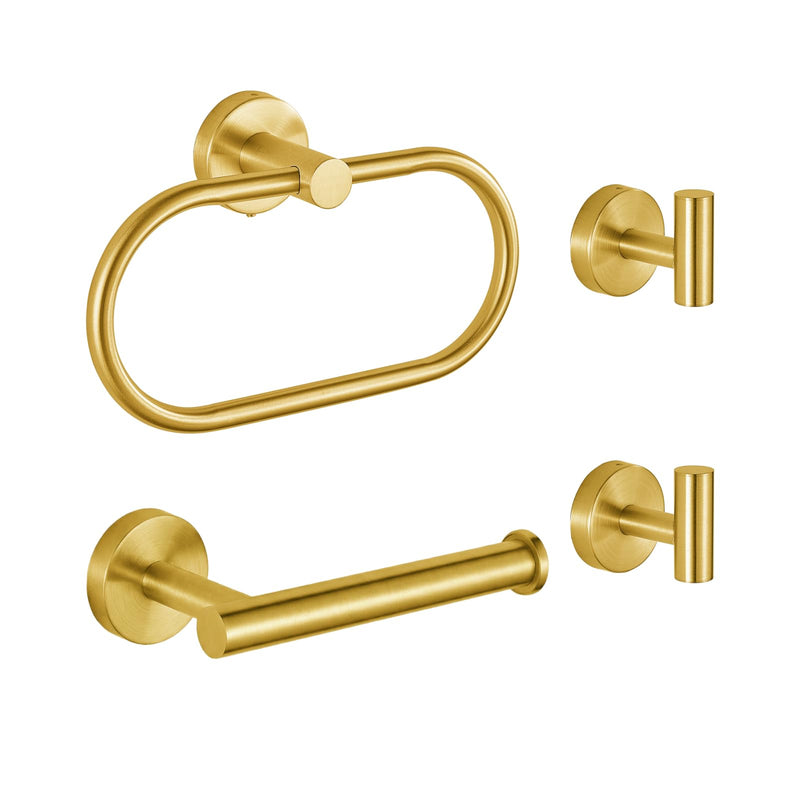 Bathroom Hardware Set Includes Towel Ring, Toilet Paper Holder and 2 Towel Hooks, SUS304 Stainless Steel Modern Wall-Mounted Bathroom Set, Rustproof Bathroom Fitting Set (Brushed Gold) Brushed Gold