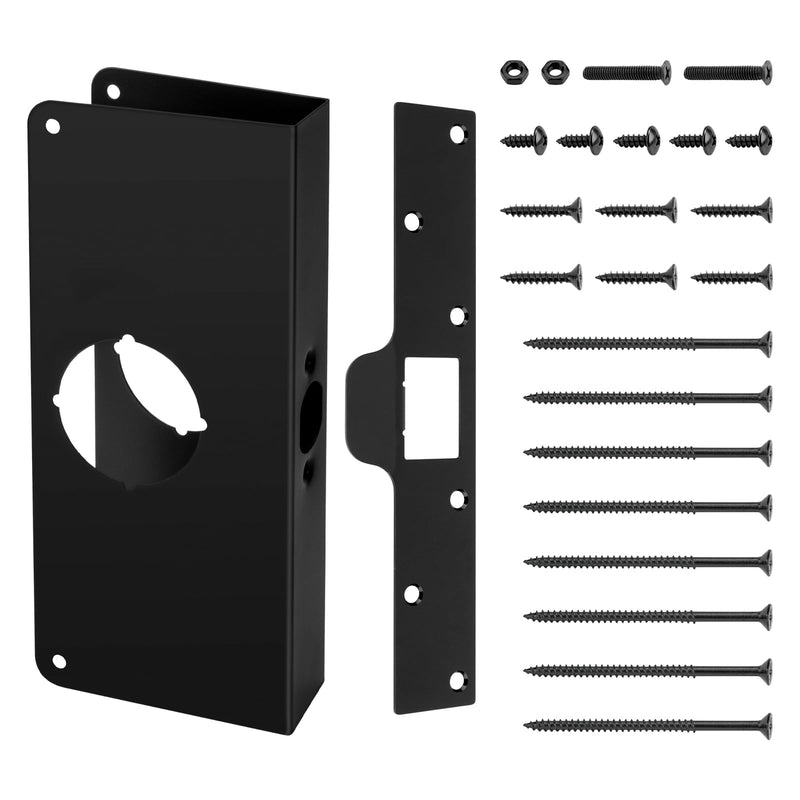 Door Lock Reinforcement Plate U 9585 1-3/8 inch x 9 inch Thick Stainless Steel and U 9476 Maximum Security Latch Strike (1-1/4 in. x 7-7/8 in.) Black