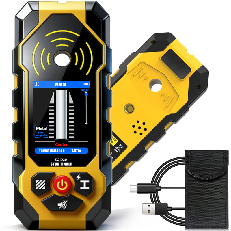 Stud Finder Wall Scanner 4 in1 Wall Stud Finder Multifunction Stud Detector Beam Finders for the Center Edge of Wood AC Wire Metal Studs Joist Pipe with HD LCD Display Smart Sensor Audio Alarm ZC-D201 Yellow