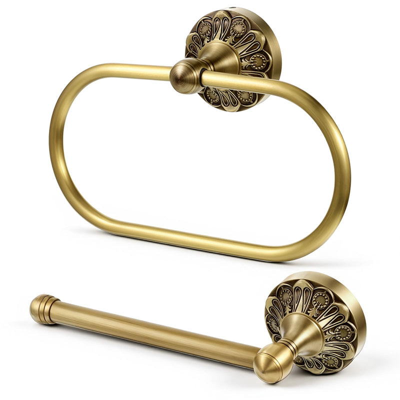 2 Pcs Antique Brass Toilet Paper Holder Set, Retro Oval Hand Towel Holder & Tissue Roll Paper Hanger Wall Mounted Vintage Bathroom Hardware Accessories for Home and Hotel