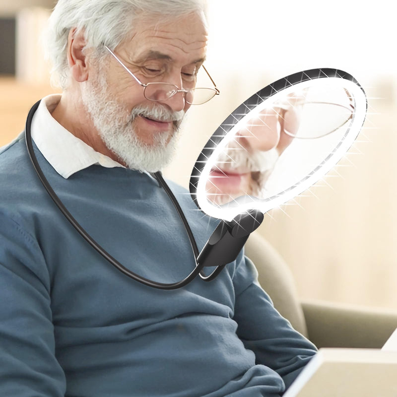 Hands Free Magnifying Glass with Light for Reading, 10X Neck Magnifying Glass with Light for Close Work with Real Glass Lens, Flexible Gooseneck Large Magnifier for Low Vision Elderly and Seniors