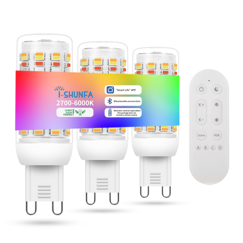 I-SHUNFA Smart G9 RGBCW LED Bulbs, App & Remote Control, AC 120V, 2700K-6500K + 16M Colors, Dimmable 1%-100%, 4W 400LM, Music Sync, Timer (3 Pack with Remote)