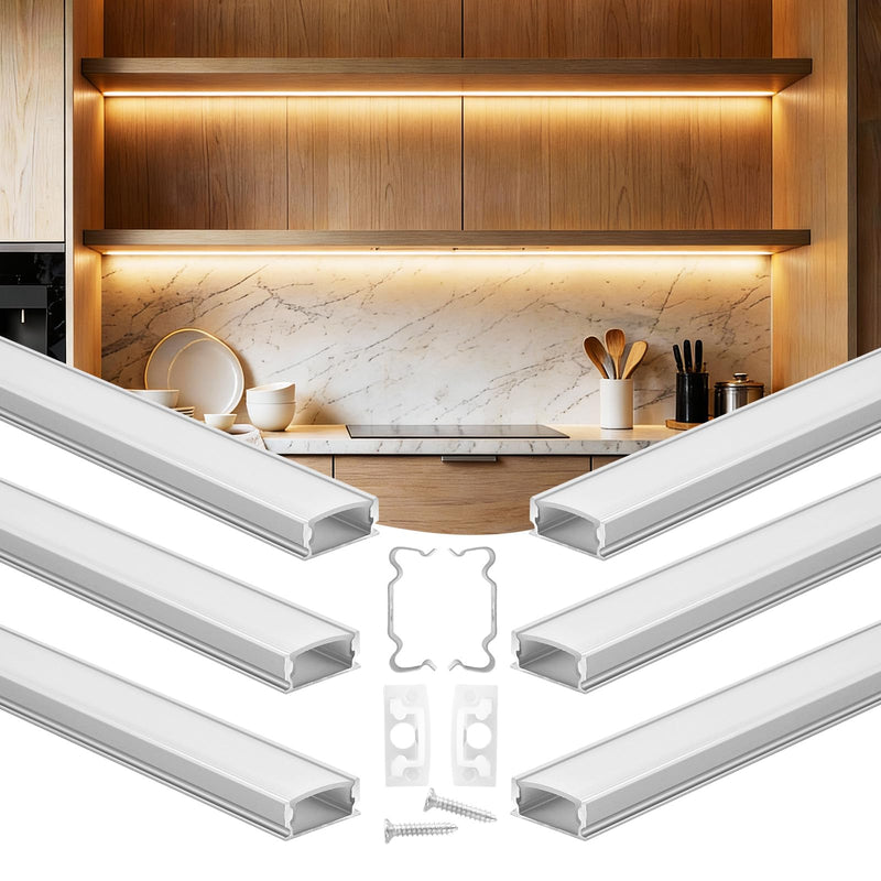 VEVOR 6-Pack 3.3 ft/1M U Shape LED Aluminum Channel, with Milky Cover, End Caps and Mounting Clips, Aluminum Profile for LED Strip Light Installations, Easy Installation, for Under Cabinet Counter 6Pcs* 3.3ft