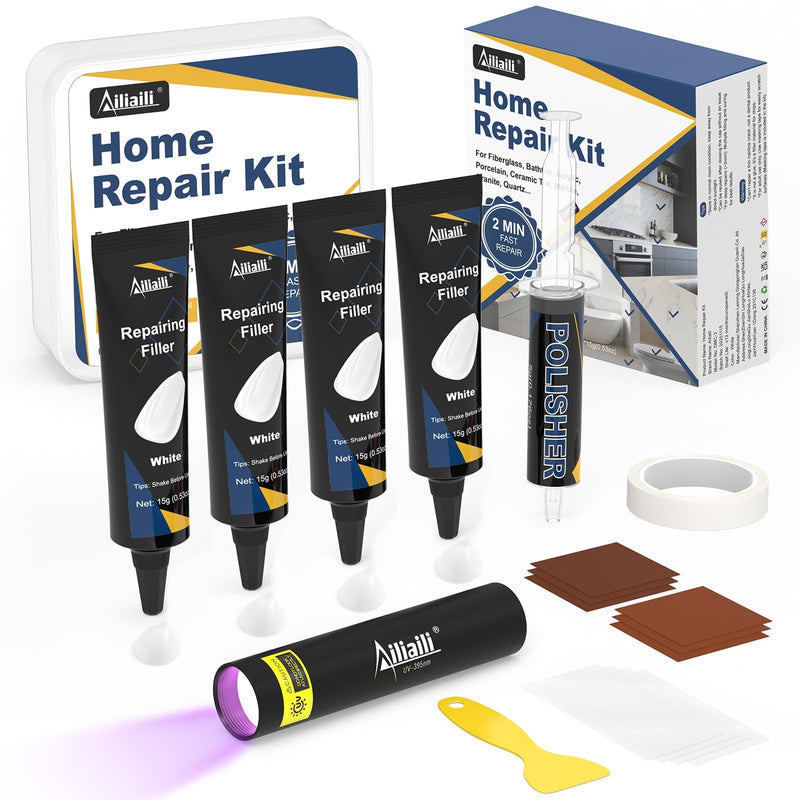 Quartz Countertop Repair Kit, Fiberglass Tub & Tile Repair Kit with 4x15g White Filler, 30s Fast Repair Chip, Hole, Scratch, Crack on Porcelain, Granite, Marble, Ceramic Tile, Bath Tub, Sink