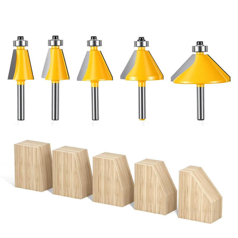 5PCS Chamfer Router bit Set, 1/4 Inch Shank Chamfer bit with 11.25, 15, 22.5, 30, 45 Degree Bevel Edge Forming Woodworking Tools