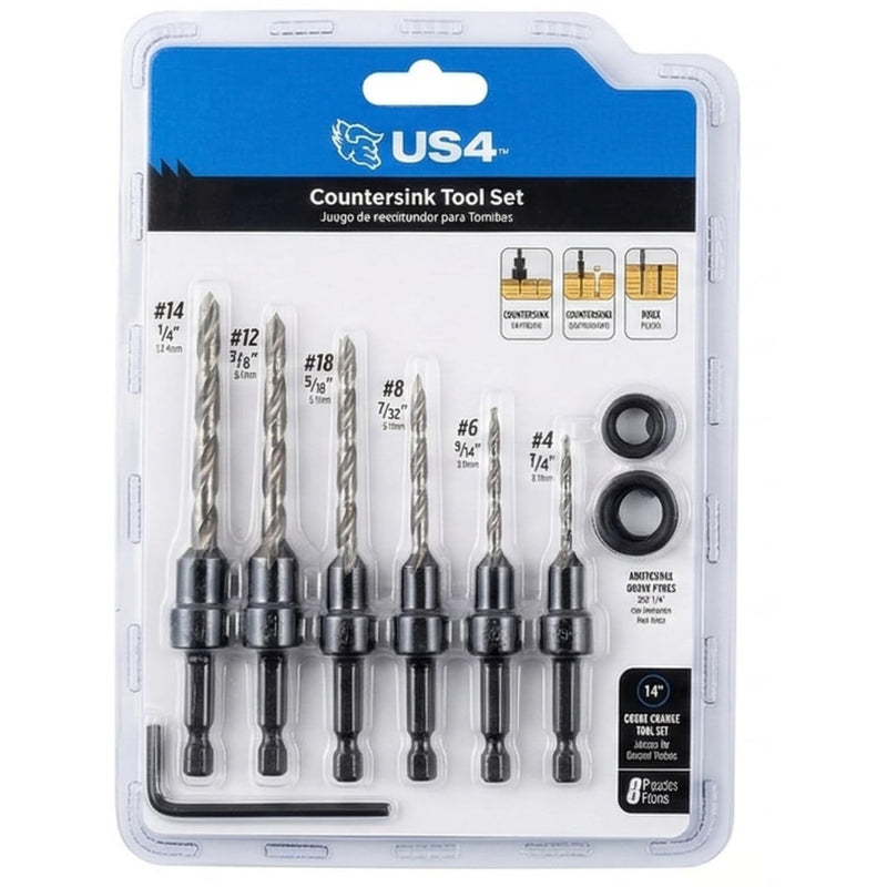 8-Piece Countersink Drill Bit Set for Woodworking, 6 Tapered Pilot Hole Bits for #4#6#8#10#12#14 Screws, 2 Adjustable Depth Stop Collars, Hex Wrench Included