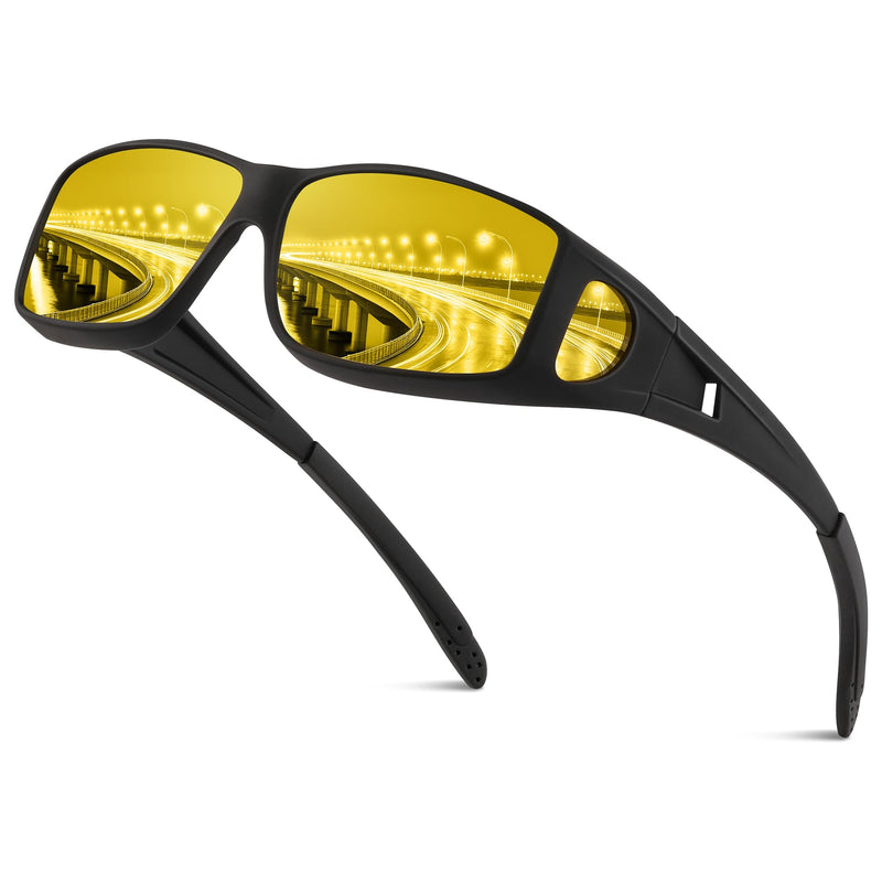 Night Driving Glasses Fit Over Eyeglasses for Men Women, Anti-glare Polarized Wrap-Around Night Vision Glasses A01-black Frame/Night Vision Lens