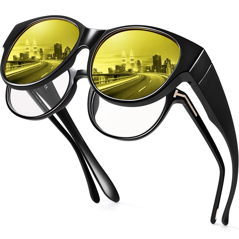 Polarized Sunglasses Over Glasses Women, Fit Over Glasses Sunglasses,Cat Eye Trendy Sun Shades UV400 Protection P12 Glossy Black/Night Vision Lens