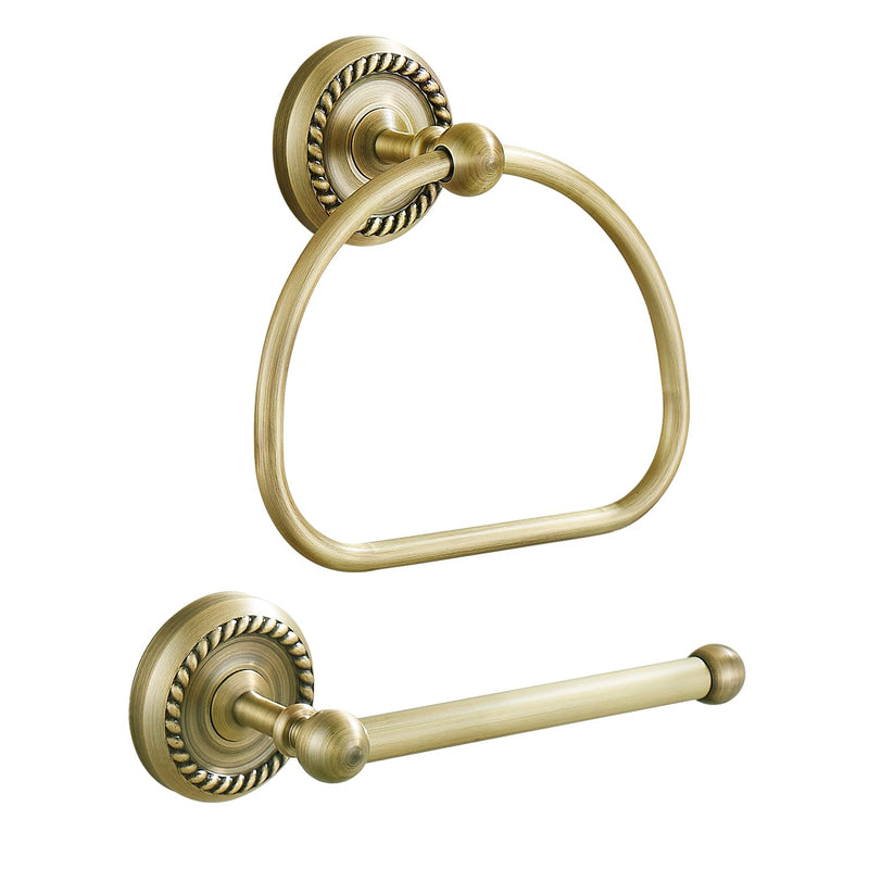 Antique Brass Toilet Paper Holder Towel Ring, Brass Hand Towel Holder Bathroom Accessories Vintage Bathroom Hardware Set Countertop Wall Mount, Rope Carving Base Design 2 Pieces Vintage Brass-toilet Paper Holder Towel Ring