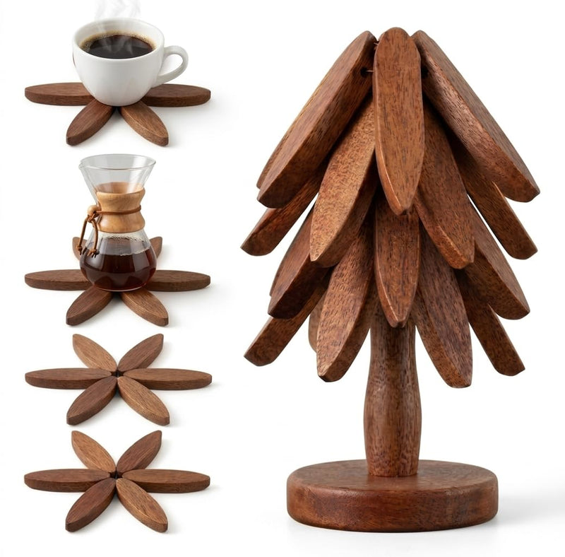 Wooden Trivets for Hot Dishes, Foldable Tree Trivet Set with Stand, 4-Layer Walnut Wood Trivet for Pots, Pans, Coffee & Teapot, Space Saving Table Protector for RV, Decorative Kitchen Decor & Gift Natural Wood