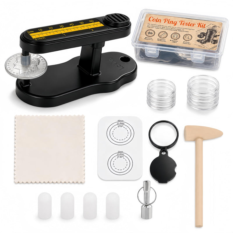 15Pcs Coin Ping Tester Kit - Portable Tool Set for Testing Gold & Silver Coin Authenticity via Sound Resonance & Diameter Check, Pocket Pinger Coin Tester with Storage Case for Collectors