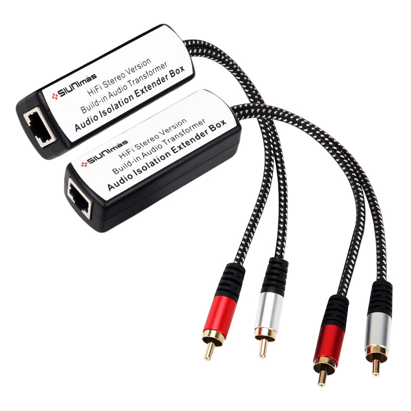 One Pair Pro Network RJ45 RCA Stereo Audio Extender Box Signal Converters Build-in Audio Isolators Connecting Over Cat5 / Cat6 etc with Quality Nylon Braided RCA Cords SIM-RJ45-RCA TO RCA (M-M)