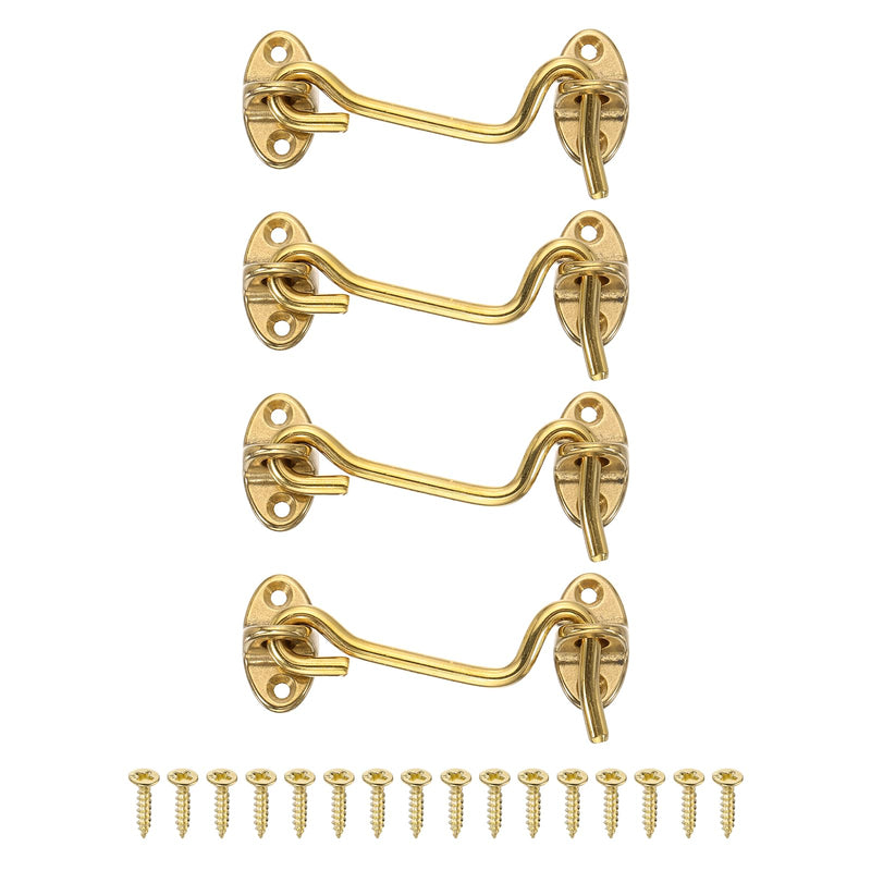 uxcell 4Pcs Hook and Eye Latch, 3" Brass Barn Door Latch with Screws, Cabin Privacy Door Gate Hooks for Window Sliding Door Fence Shed, Brass 3 Inch 4