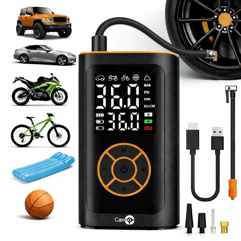 Tire Inflator Portable Air Compressor, 150PSI Fast Inflation Cordless Air Pump, Rechargeable Battery, Digital Pressure Gauge, LCD Dual Screen, LED Light, Auto Shut-Off, for Car, Motorcycle, Bike, Ball