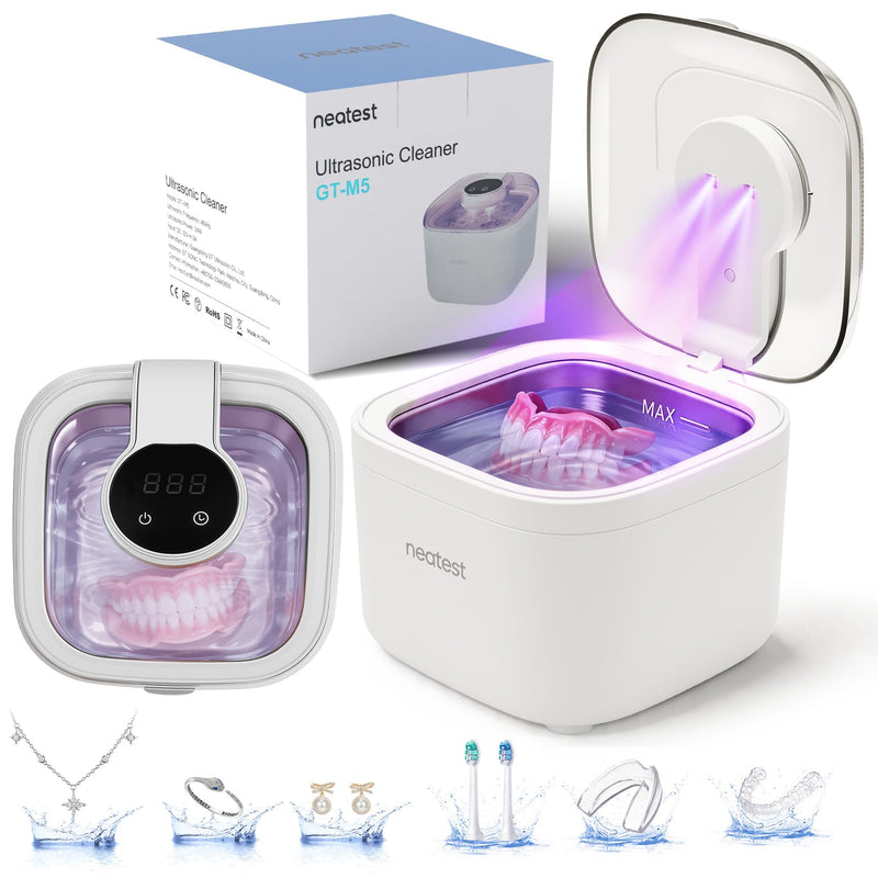 NEATEST Ultrasonic Retainer Cleaner Machine, 45kHz Ultrasonic Denture Cleaner, 350ML Stainless Steel Dental Cleaning Pod, 5 Timer Modes for Retainers, Aligners, Mouth Guards, Braces, Night Guards