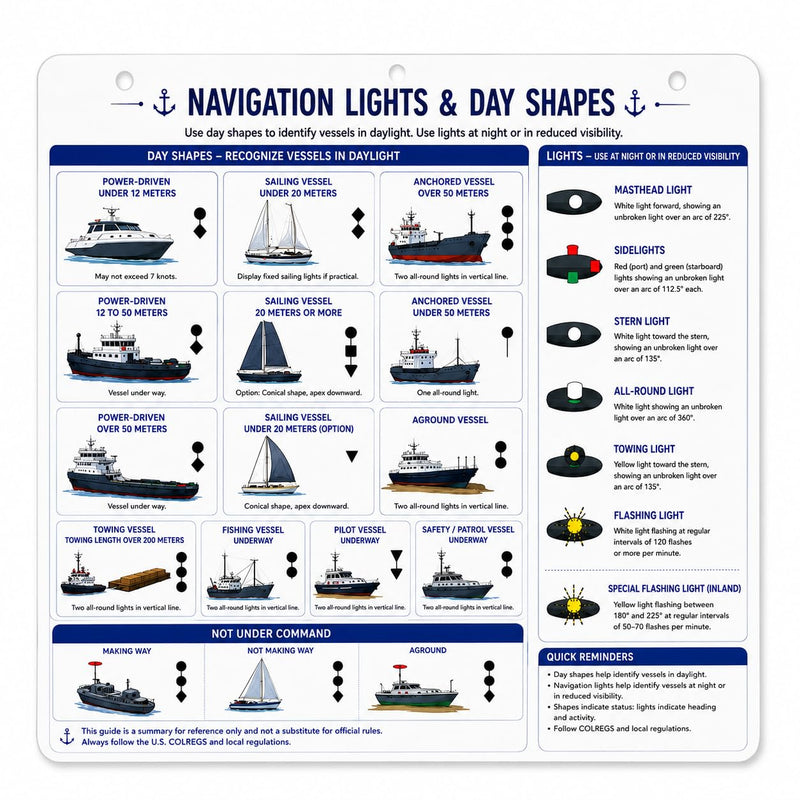 Nighttime Navigation Reference Quick Card for Boat Cockpit or Pilot House,Waterproof Visual Navigation Guide for Lights, Shapes, and Coast Guard Rules 11.02" x 8.46"