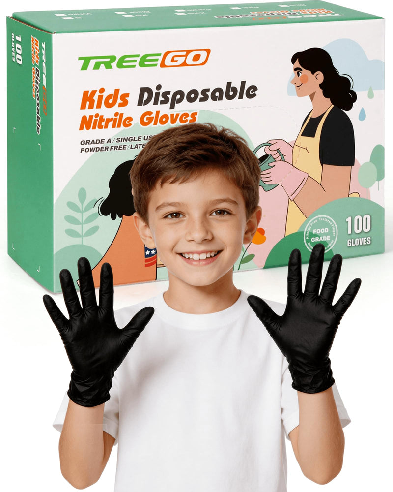 TREEGO Black Kids Nitrile Gloves, Latex Free, 5 Mil, XS, 100 Count Black 100 X-Small