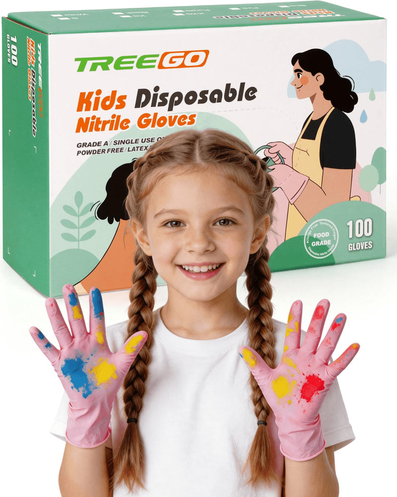 TREEGO Pink Kids Nitrile Gloves, 5 Mil, Latex Free, XS, 100 Count Pink 100 X-Small