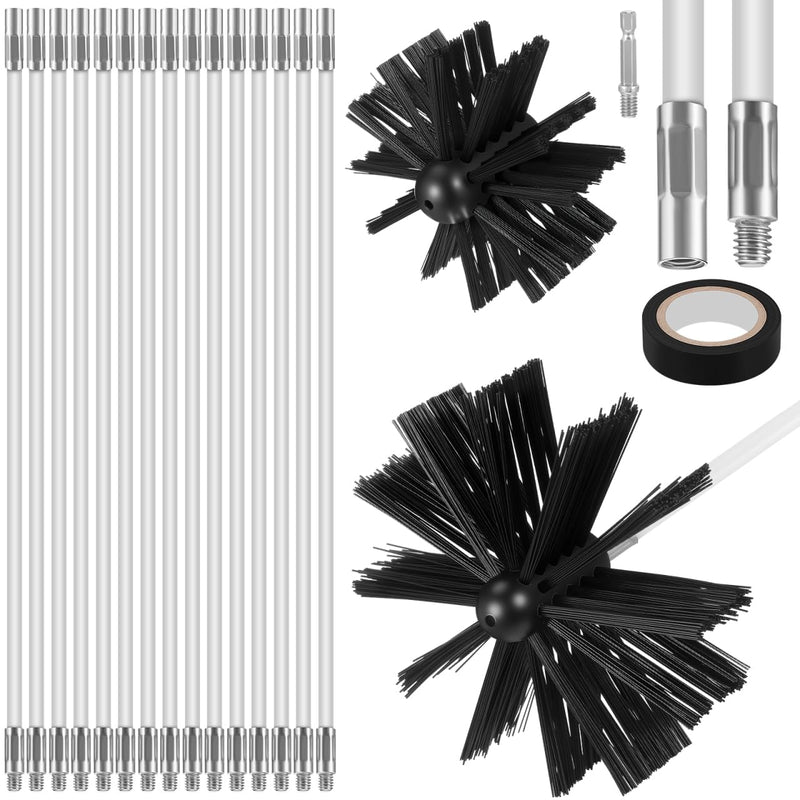 Luxshiny Chimney Sweep Kit Flexible Extendable Wire Chimney Cleaning Brush Set with 15 Rods 4 and 6 Brush Heads Hex Nut Tape for Fireplace Stove Pipe Dryer Vent Duct