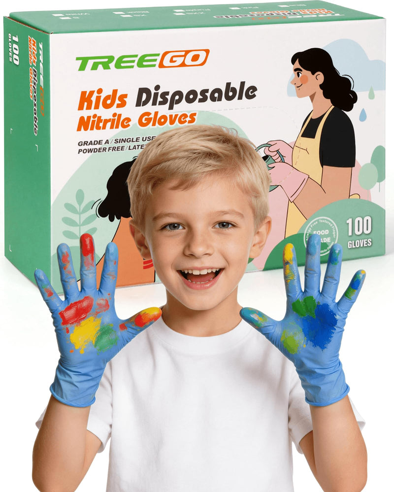 TREEGO Blue Kids Nitrile Gloves, Latex Free, S, 100 Count Blue 100 Small