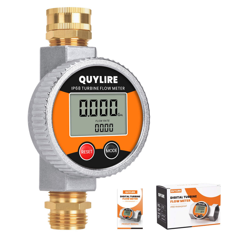 360° Water Flow Meter, Metal Flowmeter with 3/4" GHT Brass Connector for Garden Hose, RV, Pool, House, Lawn Sprinkler and Yard Watering, Supports Gallon, Liter, GPM, LPM, m³, QTS, PTS
