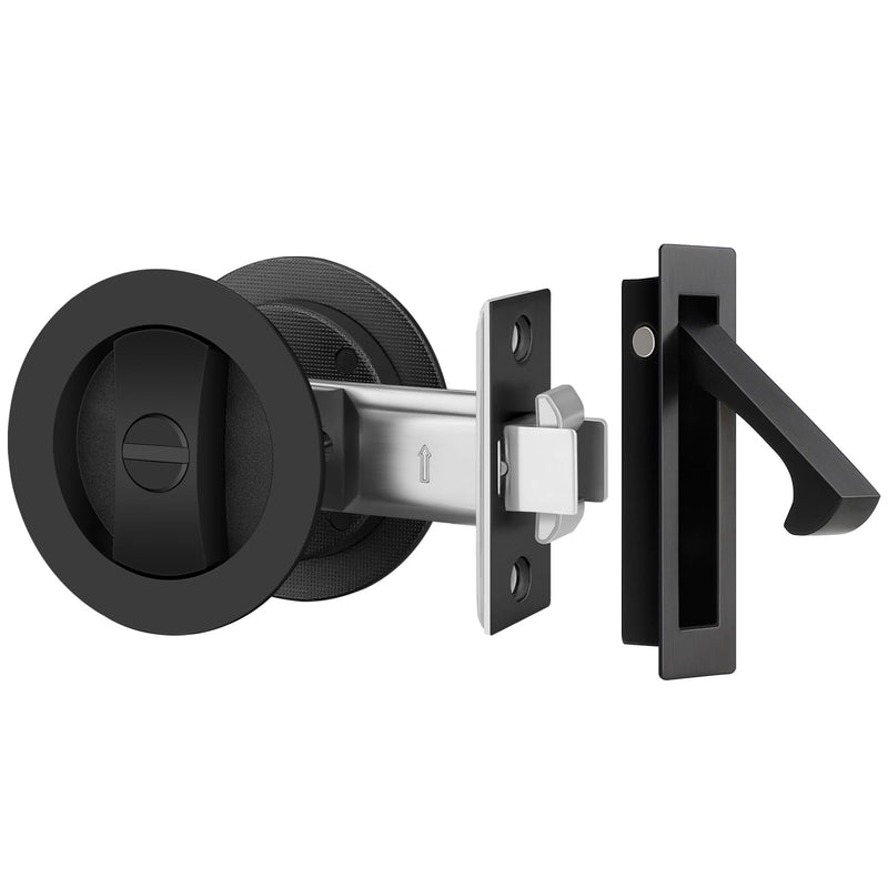 1 Pack Matte Black Pocket Door Lock, Keyless Privacy Pocket Door Hardware for Bedroom Bathroom, Sliding Pocket Door Handle with Edge Pull, Reversible for Left/Right Doors Round - 1 Pack Privacy + PLB