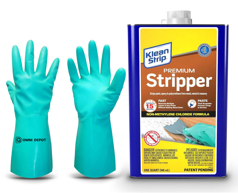 Paint & Varnish Remover Klean Strip Premium Stripper– Fast-Acting Stripper for Epoxy, Polyurethane, Wood, Metal & Masonry – Includes Protective Omni Depot Gloves – 1 QT