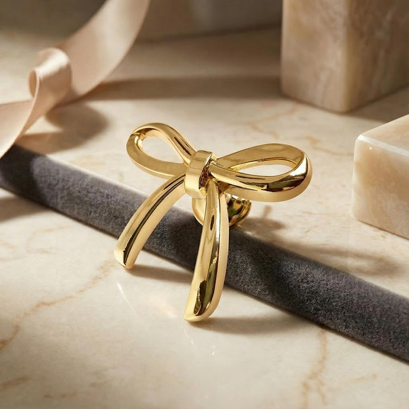 Gold Bow Cabinet Knobs, Zinc Alloy Decorative Drawer Pulls, Elegant Handle 6 Piece Set 6 Pack