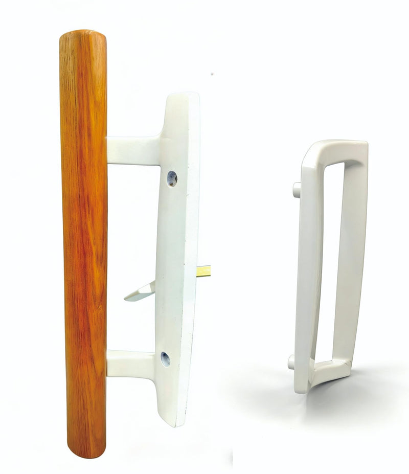 Sliding Patio Door Handle Set, Natural Wood Interior & White Zinc Exterior(White), Non-Keyed , Fits 3-15/16" Hole Spacing, Universal Easy Install Replacement for Sliding Glass Doors.Pull Handle Set