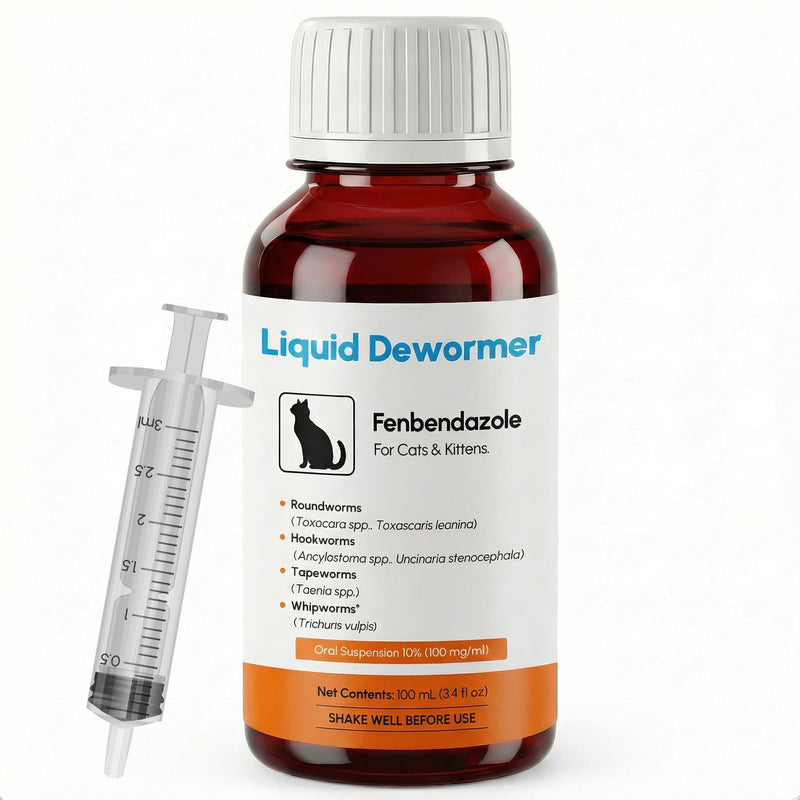 Dewormer for Cats & Kittens Liquid Fenbendazole - Broad Spectrum Suspension - Removes Roundworm, Hookworm, Tapeworm - Easy to Mix with Food, Includes 3ml Dosing Syringe (100ml) - NewNest Australia